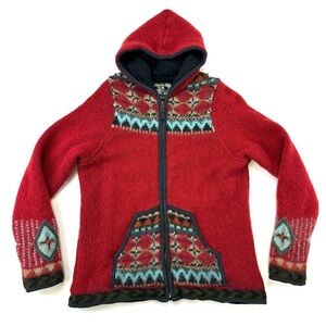 Nepal wool hippie hoodie Large sweater jacket kanga pockets zip front lined